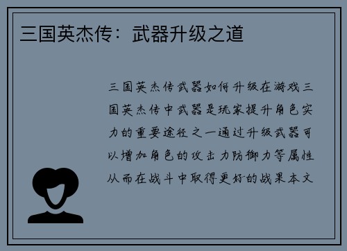 三国英杰传：武器升级之道
